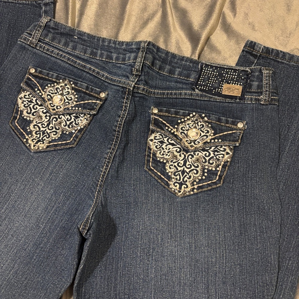 One 5 One Women Dark Wash Rhinestone Embellished Flap Pocket Jeans Size 12